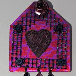 Prism and Heart Vintage Handmade Metal Beaded Brooch Pin Artisan Jewelry 1992